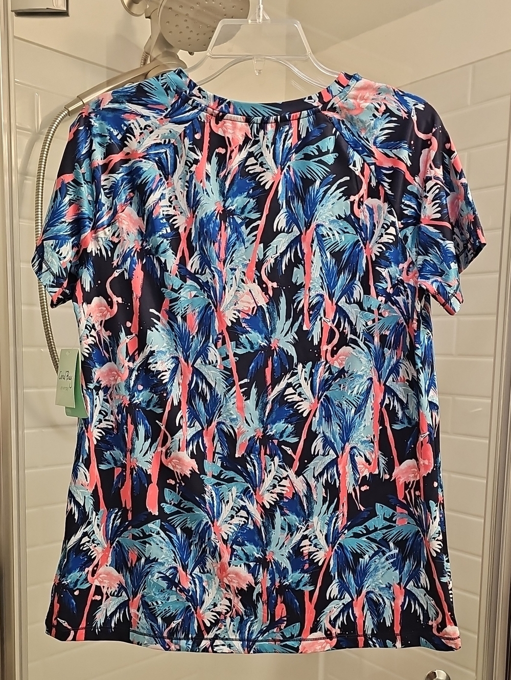 Coral Bay Energy Navy Tee with Pink Flamingo & Teal Palm Print. NWT. - Picture 3 of 6